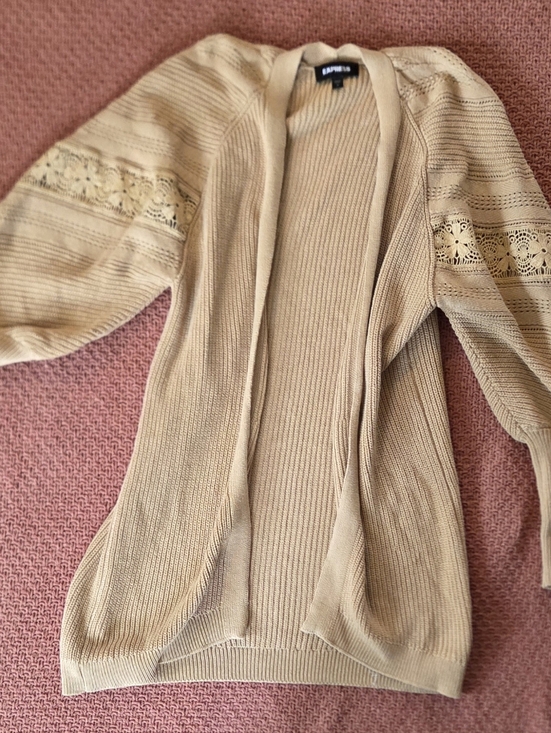 Express Sweaters - Express Beige Open-Front Cardigan with Lace Sleeve Insets